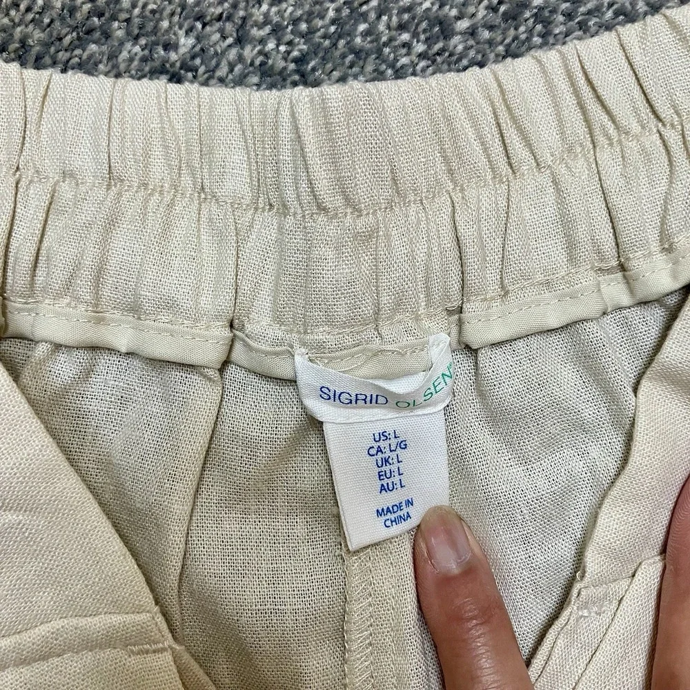 Sigrid Olsen Large Linen Pants Wide Leg‎ Elastic Waist Coastal Beachy Beige Tan